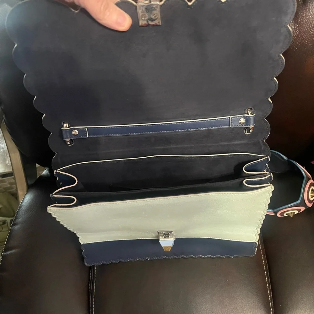 Fendi Kan Navy Blue Scalloped Floral Embellished Shoulder Bag with Pink Accents